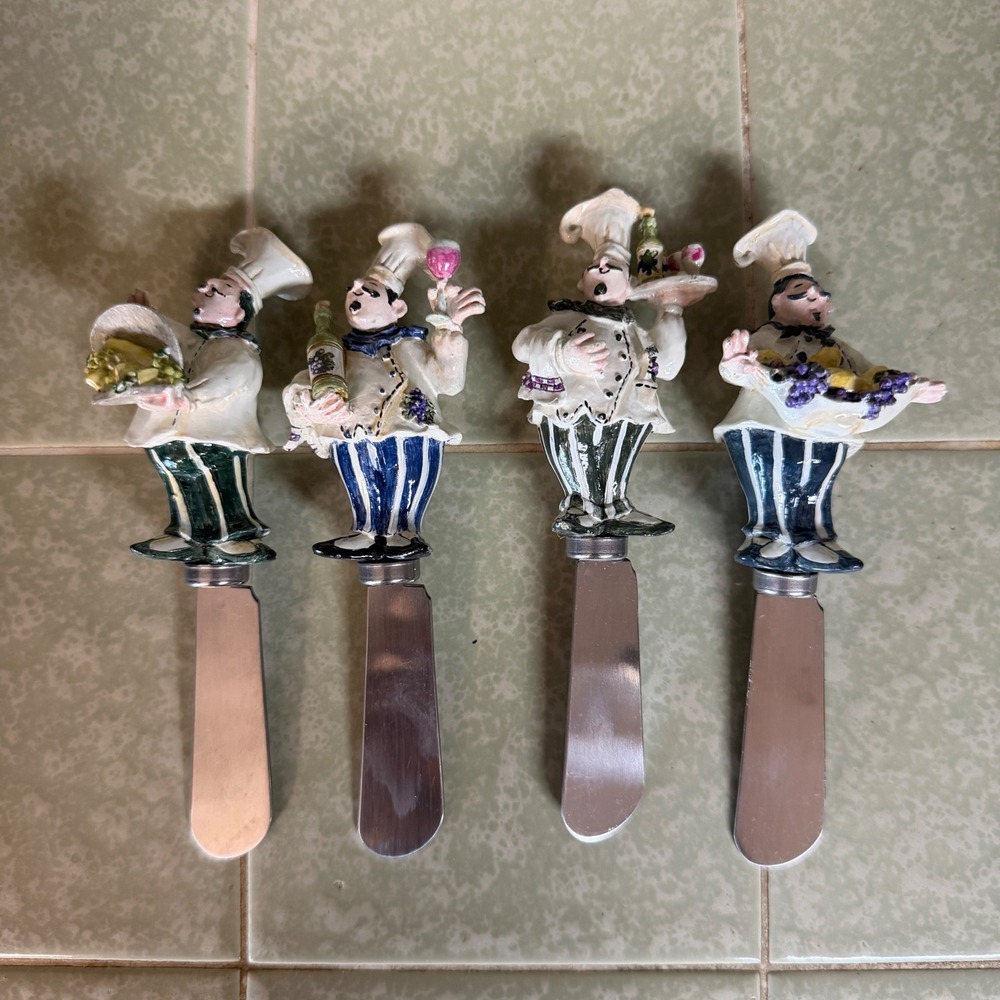 Set of 4 Whimsical Fat Chef Ceramic Handle Cheese Spreaders Stainless Steel